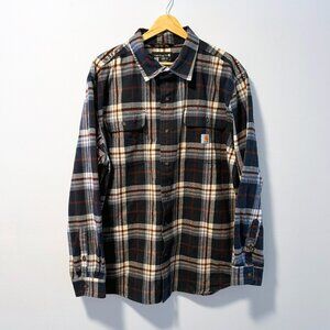 Carhartt 105078 Loose Fit Navy Brown Plaid Flannel Shirt L